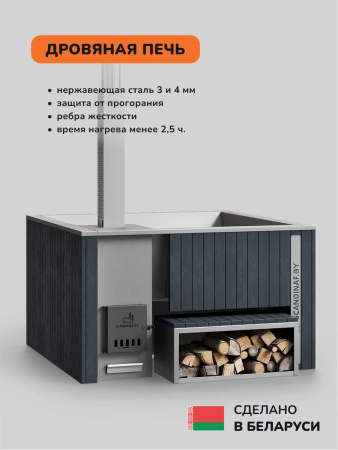 Купель с подогревом на дровах Scandinaf Thermal 180, 4-6 чел., серый, AISI 316L, с термокрышкой, подсветка