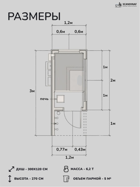 Уличная баня, уличная сауна Scandinaf Haze, 3х1,2м, 2-4 чел., серый